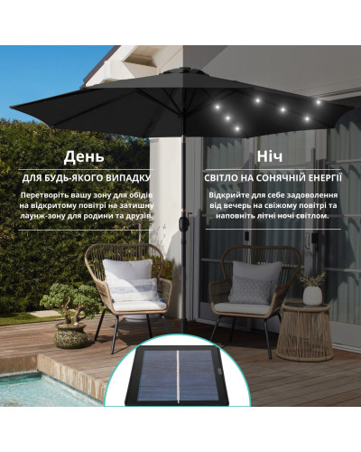 Зонт садовый 3 м с LED-подсветкой и солнечной панелью (черный)